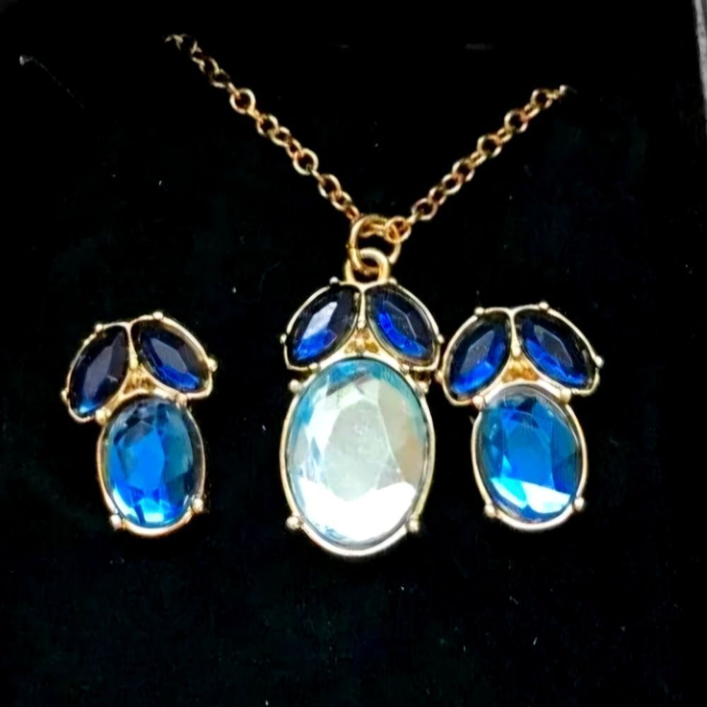 AVON MIDNIGHT INK PENDANT NECKLACE AND EARRING SET BLUE GOLDTONE NWT